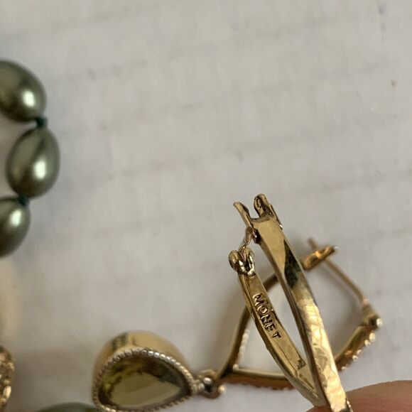 Monet Pearl Necklace Bracelet Dangle Earring Set Sage Green Gold 4 Pc Set - Picture 10 of 10